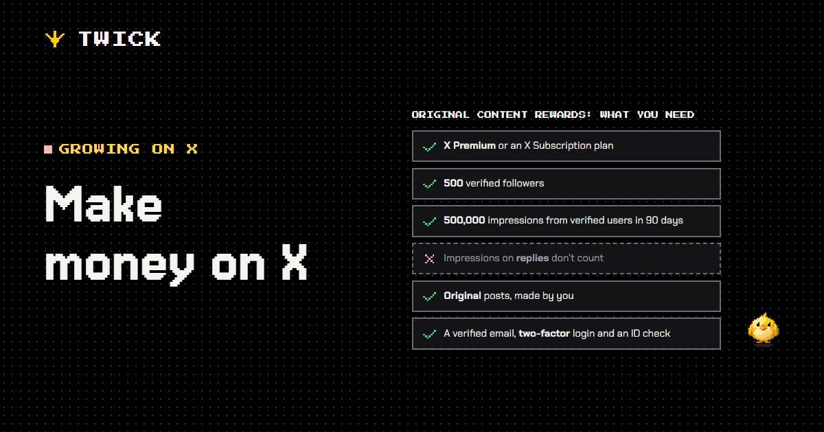 Make money on X. What Original Content Rewards asks for: X Premium, 500 verified followers, 500,000 impressions from verified users in 90 days with replies not counted, original posts, and a verified email, two-factor login and an ID check.