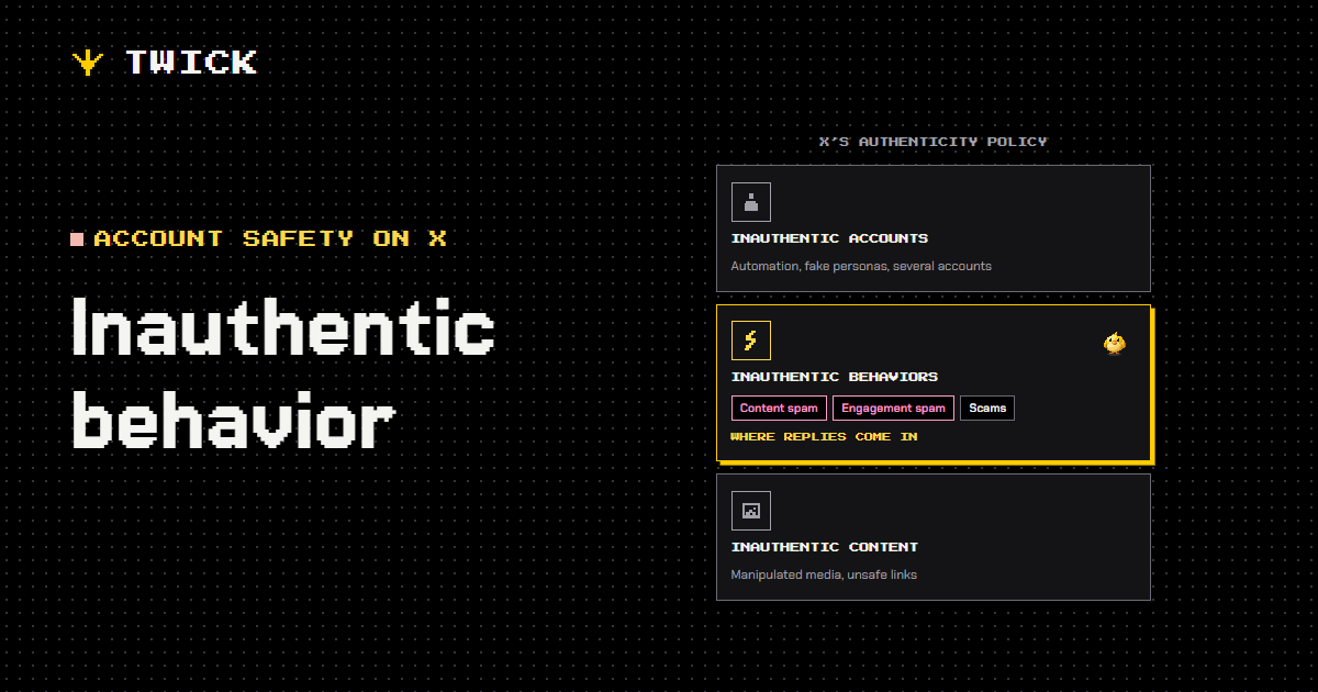 Inauthentic behavior. X’s authenticity policy has three parts: inauthentic accounts, inauthentic behaviors and inauthentic content. Suspensions for inauthentic behavior come from the middle one, whose content spam and engagement spam cover replies.
